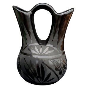 Signed Marvin Blackmore Pottery Navajo Wedding Vase Black on Black 8" Double